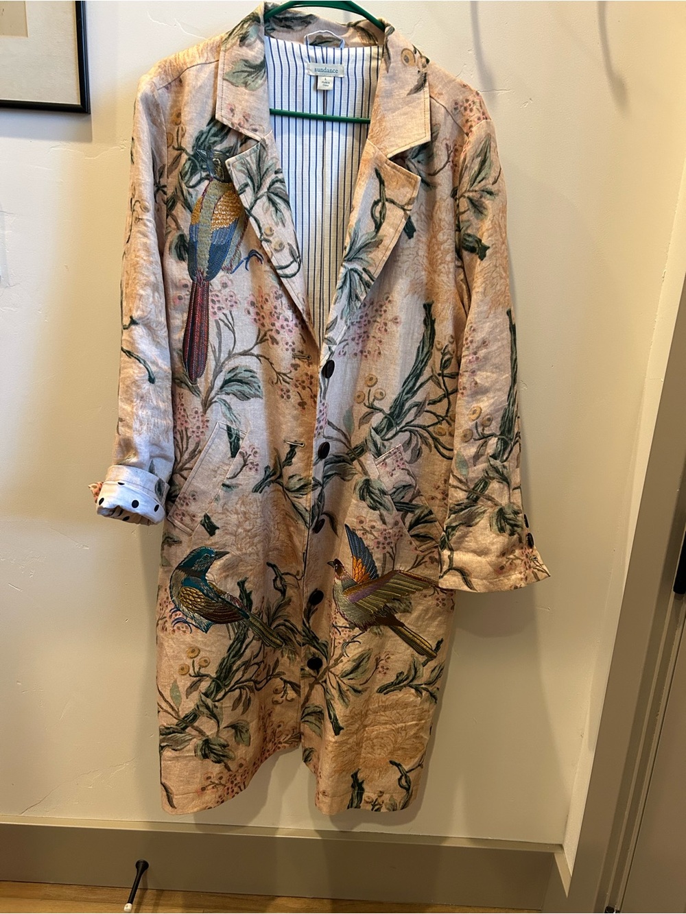 Sundance Elegant Linen Floral Bird-Print Womens Coat - cream and multicolored